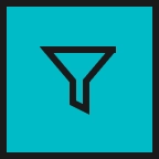 Pictogram met een zwarte trechtervorm op een felblauwe vierkante achtergrond, dat filtratie of sortering symboliseert. Het ontwerp is minimalistisch en krachtig.